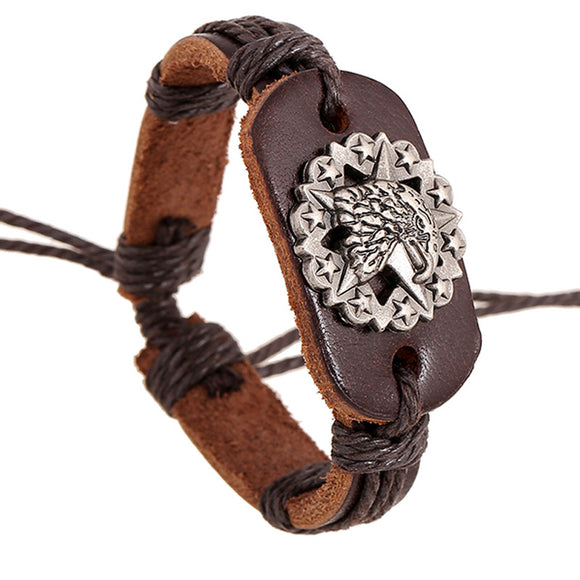 *B252 Brown Leather Silver Eagle & Stars Bracelet - Iris Fashion Jewelry