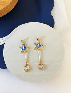 E1862 Gold Star & Moon Blue Bead Earrings - Iris Fashion Jewelry