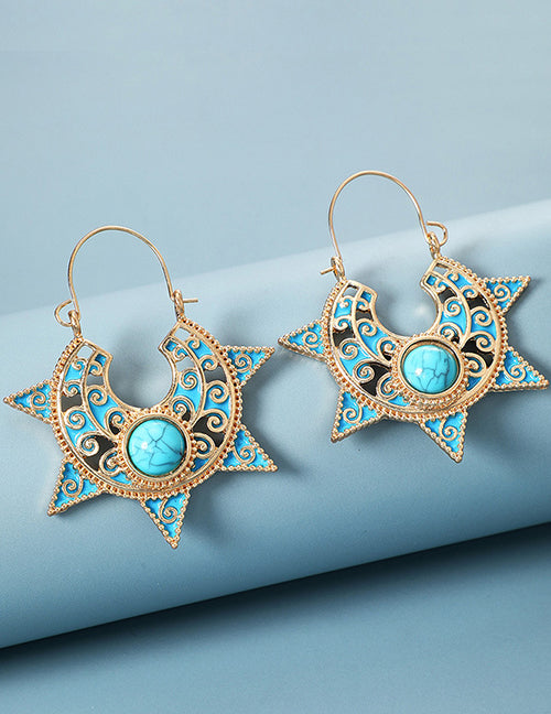 E1874 Gold Blue Crackle Sunburst Design Earrings - Iris Fashion Jewelry