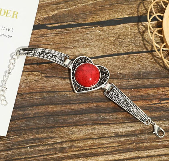 B1192 Silver Decorated Red Gem Heart Bracelet - Iris Fashion Jewelry