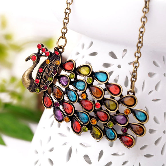 N1964 Bronze Multi Color Gem Peacock Long Necklace with FREE Earrings - Iris Fashion Jewelry