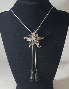 N2067 Silver Rhinestone Flower Black Gem Adjustable Sweater Necklace with FREE Earrings - Iris Fashion Jewelry