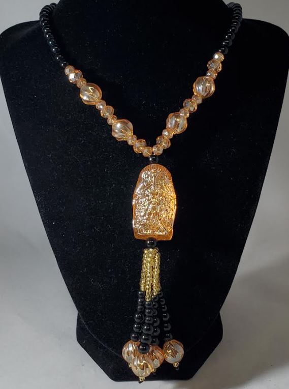 N2073 Black Bead Peach Owl Glass Long Necklace With Free Earrings - Iris Fashion Jewelry