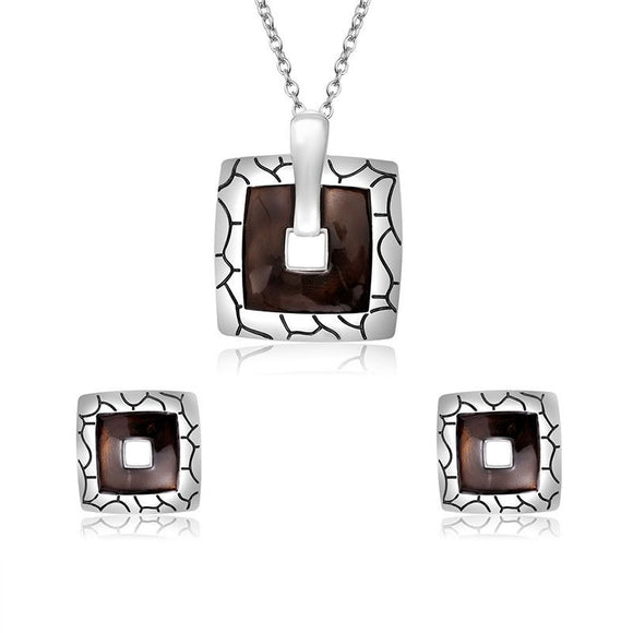 N2032 Silver Square Dark Brown Necklace with FREE Earrings - Iris Fashion Jewelry