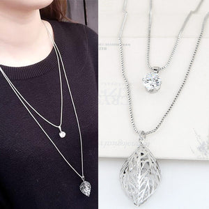 N1294 Silver 3D Leaf Cage with Gems Inside Necklace with FREE Earrings - Iris Fashion Jewelry