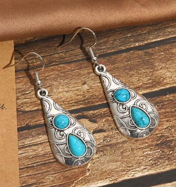 E687 Silver Blue Crackle Decorated Teardrop Earrings - Iris Fashion Jewelry