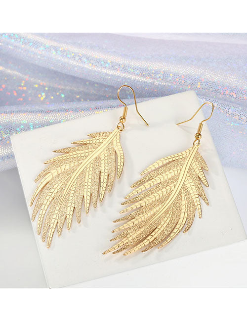 E1907 Gold Textured Feather Metal Earrings - Iris Fashion Jewelry