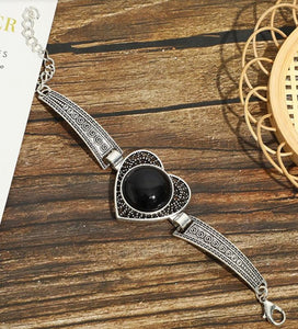B1193 Silver Decorated Black Gem Heart Bracelet - Iris Fashion Jewelry