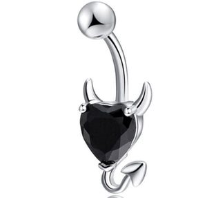 P66 Silver Black Heart Gem Devil Belly Button Ring - Iris Fashion Jewelry