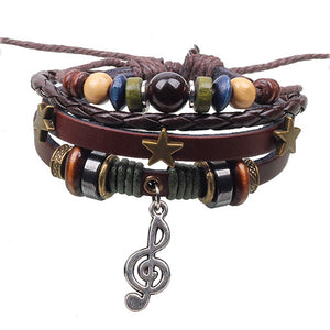 B1212 Music Note Brown Leather Multi Layer Bracelet - Iris Fashion Jewelry