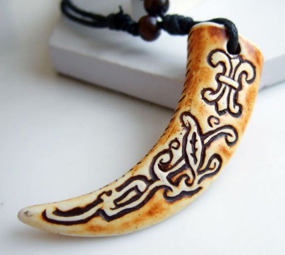 N1812 Carved Tooth Leather Cord Necklace - Iris Fashion Jewelry