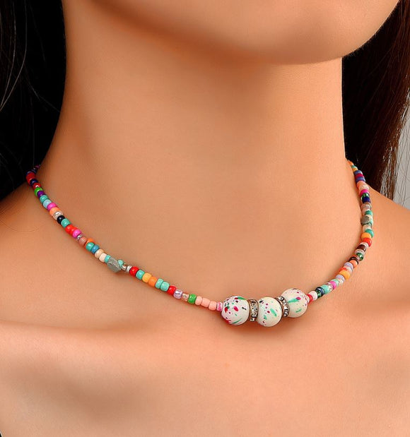 N1941 Gold Multi Color Seed Bead Necklace With Free Earrings - Iris Fashion Jewelry