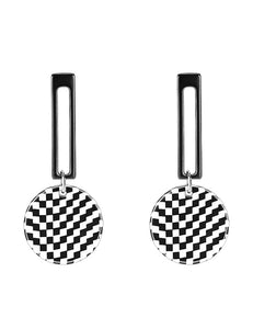 E1839 Silver Rectangle Black & White Round Checkered Earrings - Iris Fashion Jewelry