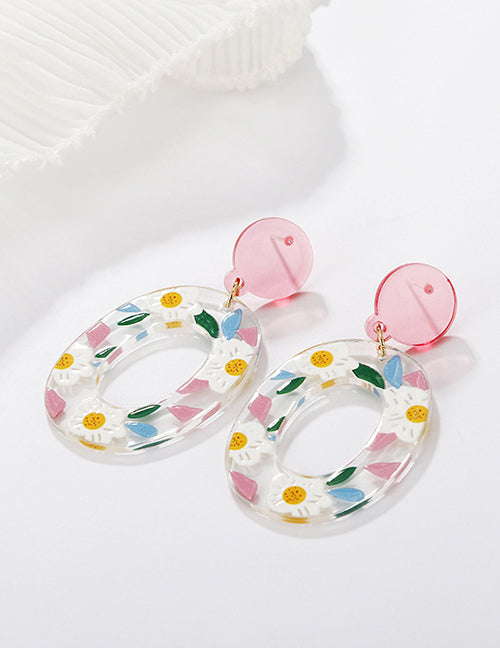 E1868 Acrylic Pink White Flower Oval Earrings - Iris Fashion Jewelry