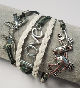 B345 Green & White Birds Love Leather Bracelet - Iris Fashion Jewelry