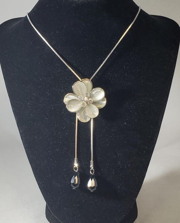 N2066 Silver Moonstone Flower Black Gem Adjustable Sweater Necklace with FREE Earrings - Iris Fashion Jewelry