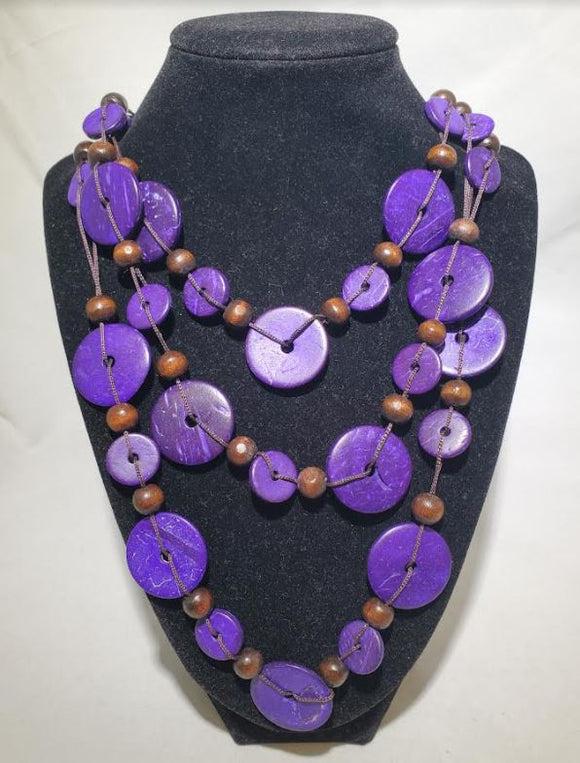 N2041 Purple Disk Brown Bead Wooden Necklace with FREE EARRINGS - Iris Fashion Jewelry