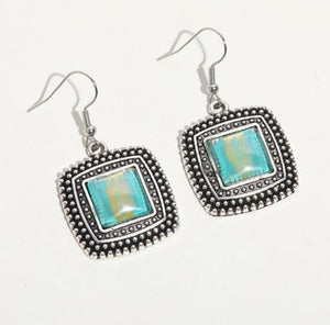 E1865 Silver Blue Gold Shimmer Square Decorated Earrings - Iris Fashion Jewelry