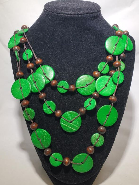 N2038 Green Disk Brown Bead Wooden Necklace with FREE EARRINGS - Iris Fashion Jewelry