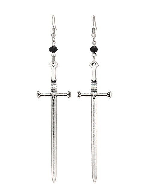 E1877 Large Silver Sword Black Bead Earrings - Iris Fashion Jewelry