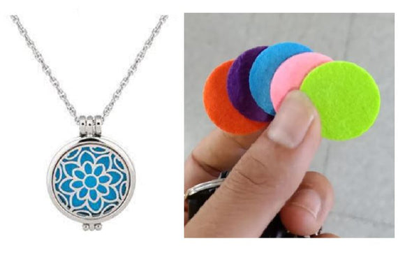 N905 Silver Flower Design Essential Oil Necklace with FREE Earrings PLUS 5 Different Color Pads - Iris Fashion Jewelry