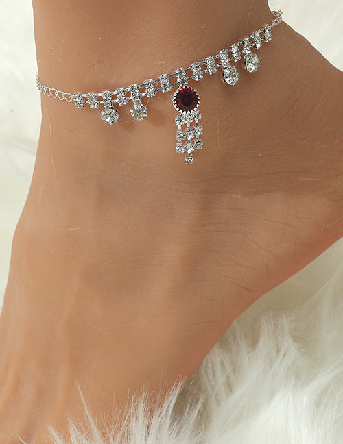 B1190 Silver Rhinestone Red Gemstone Ankle Bracelet - Iris Fashion Jewelry