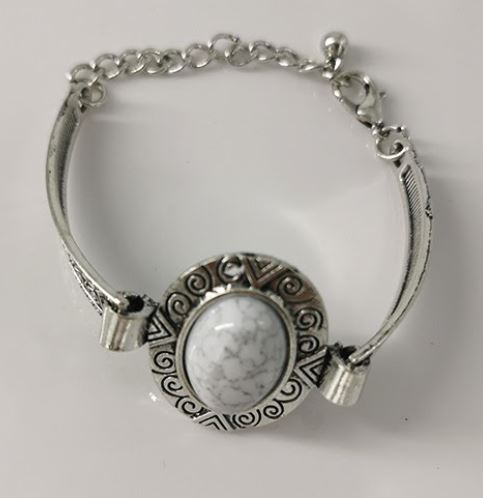 B1226 Silver Decorated White Crackle Oval Gem Bracelet - Iris Fashion Jewelry