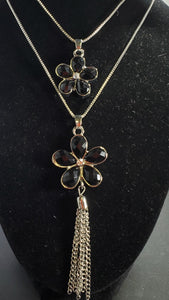 N1407 Silver Black Gemstone Flowers with Tassel Necklace with FREE Earrings - Iris Fashion Jewelry