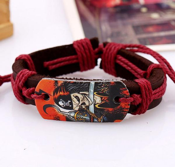 *B243 Brown Leather Red Cord Skeleton Pirate Bracelet - Iris Fashion Jewelry