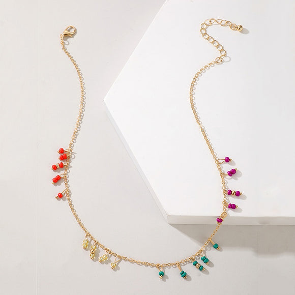 N2034 Gold Multi Color Seed Bead Dangle Necklace with FREE Earrings - Iris Fashion Jewelry