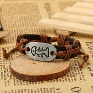 B274 Brown Leather Light Brown Cord Fish Bone Bracelet - Iris Fashion Jewelry