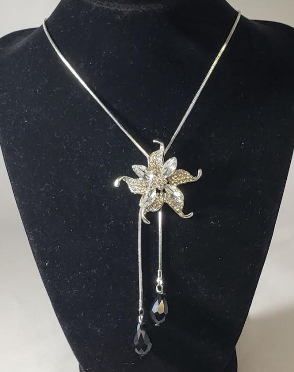 N2081 Silver Rhinestone Flower Black Gem Adjustable Sweater Necklace with FREE Earrings - Iris Fashion Jewelry