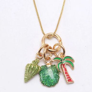 L160 Gold Green Shells & Palm Tree Charm Necklace FREE EARRINGS - Iris Fashion Jewelry