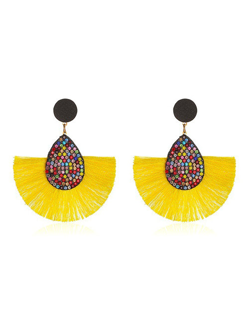 E1923 Multi Color Rhinestone Yellow Fan Shape Earrings - Iris Fashion Jewelry