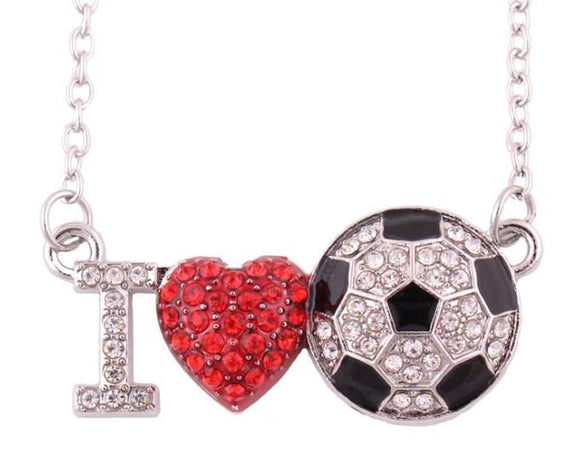 N633 Silver I Love Soccer Rhinestone Necklace with FREE Earrings - Iris Fashion Jewelry