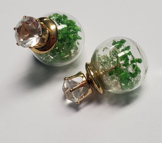 *E95 Gold Rhinestone Green Vine Clear Gem Filled Double Ball Earrings - Iris Fashion Jewelry