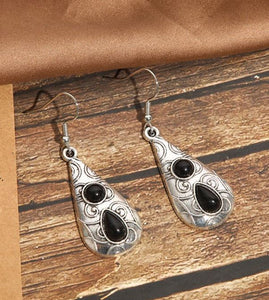 E432 Silver Black Gem Decorated Teardrop Earrings - Iris Fashion Jewelry