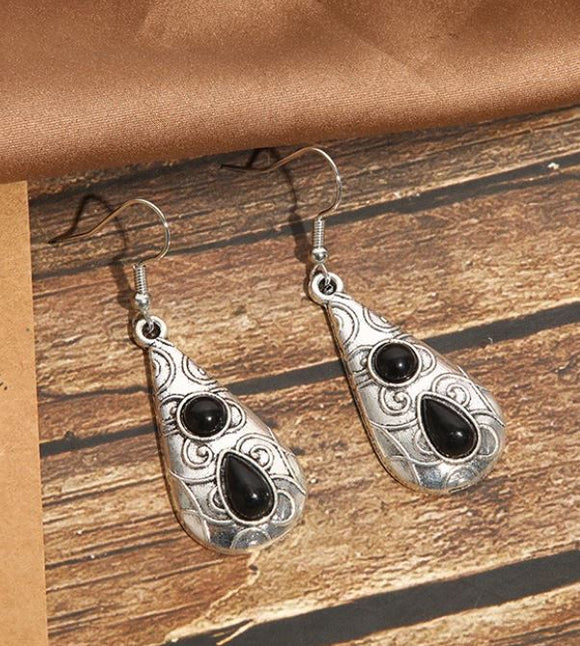 E432 Silver Black Gem Decorated Teardrop Earrings - Iris Fashion Jewelry