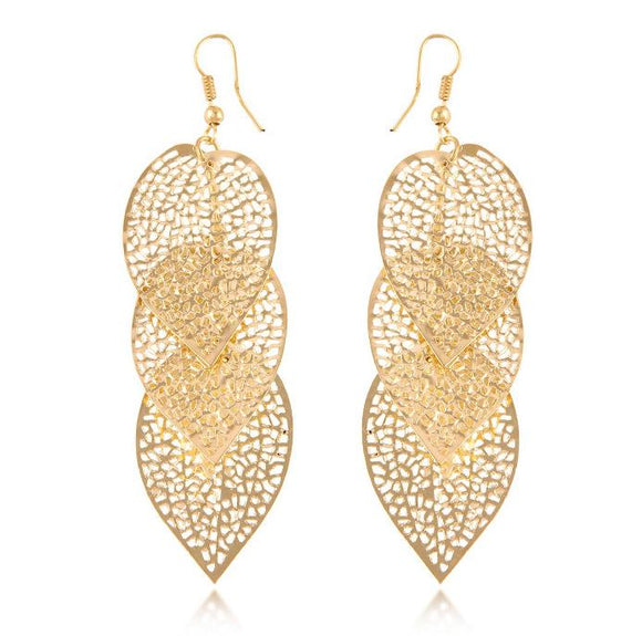 E951 Gold Triple Leaf Metal Earrings - Iris Fashion Jewelry