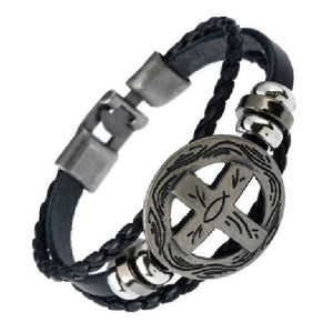 B376 Cross with Fish Black Leather Bracelet - Iris Fashion Jewelry