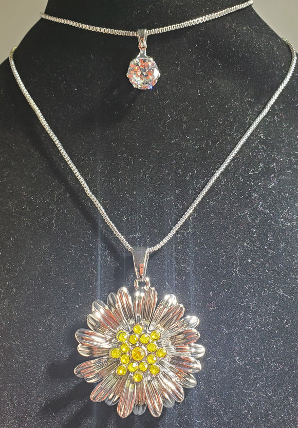 N2214 Silver Daisy with Yellow Gemstones Necklace with FREE Earrings - Iris Fashion Jewelry