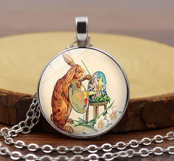 *N1437 Silver Bunny Rabbit Painting Necklace with FREE Earrings - Iris Fashion Jewelry