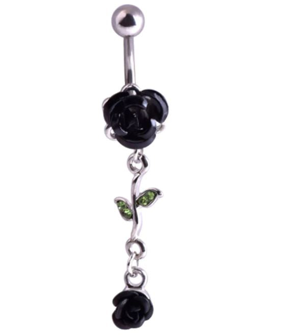 P28 Silver Black Rose Belly Button Ring - Iris Fashion Jewelry