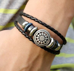 B216 Silver Flower Black Leather Bracelet - Iris Fashion Jewelry