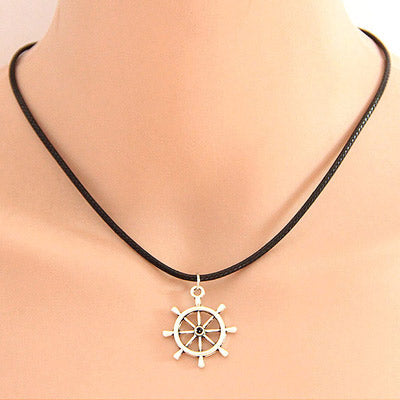 N1422 Silver Ship Wheel Leather Cord Necklace with FREE Earrings - Iris Fashion Jewelry