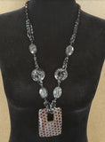 N2057 Black Bead Brown Glitter Decorated Acrylic Rectangle Long Necklace With Free Earrings - Iris Fashion Jewelry