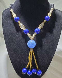 N336 Black Bead Royal Blue Marble Glass Long Necklace With Free Earrings - Iris Fashion Jewelry