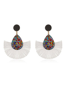 E1925 Multi Color Rhinestone White Fan Shape Earrings - Iris Fashion Jewelry