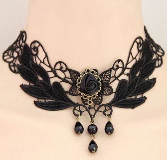 N430 Black Rose with Gems Choker Necklace With FREE Earrings - Iris Fashion Jewelry