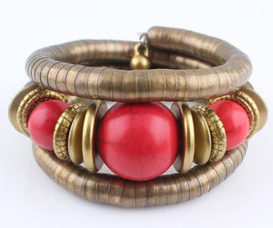 B329 Bronze Red Crackle Bead Coil Bracelet - Iris Fashion Jewelry